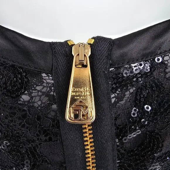 Frankie Morello Gala-Ready Glam Black Satin Sequin Lace Sheath Pencil Dress 40 - Picture 5 of 11